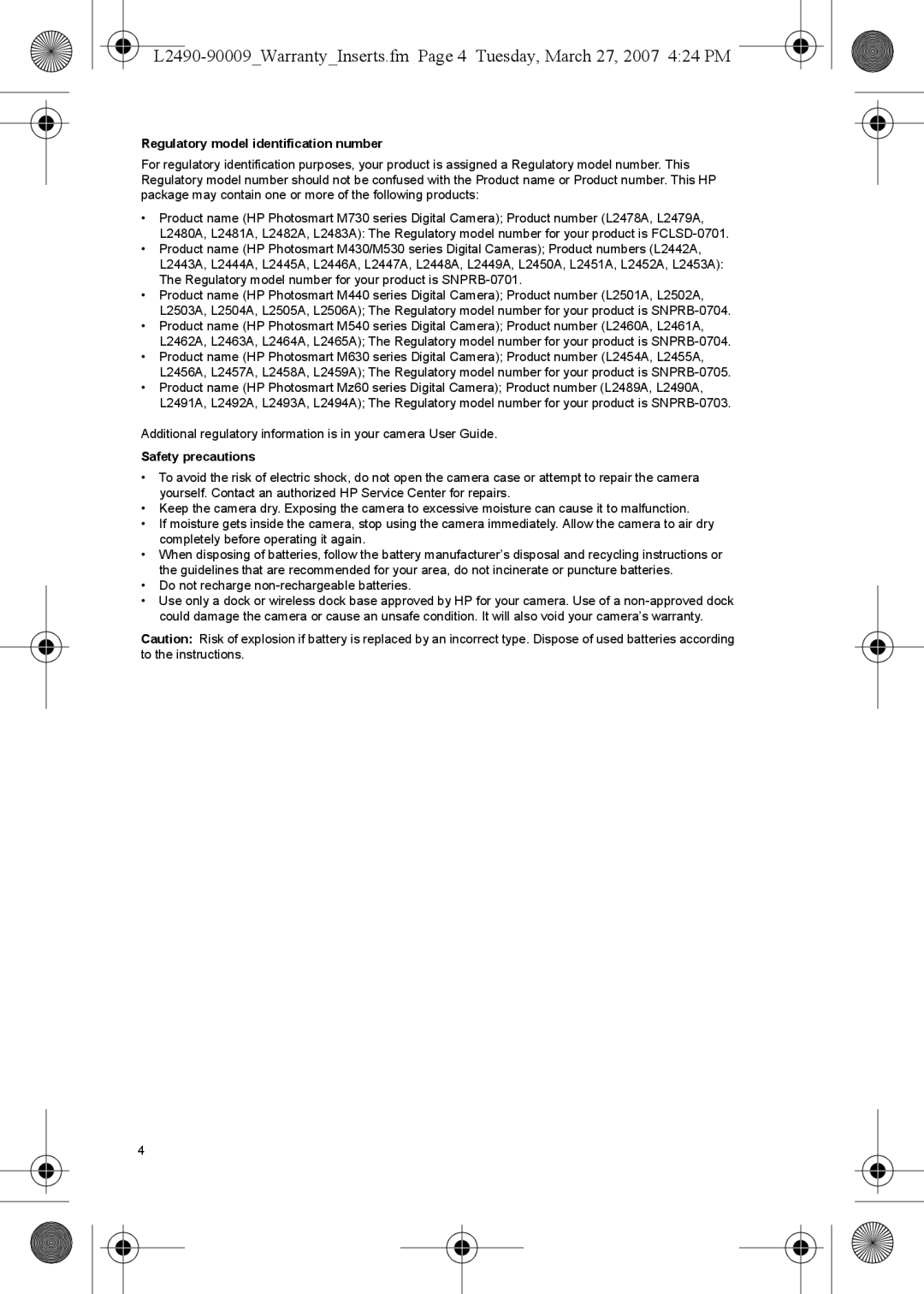 HP M737 manual Regulatory model identification number, Safety precautions, Do not recharge non-rechargeable batteries 