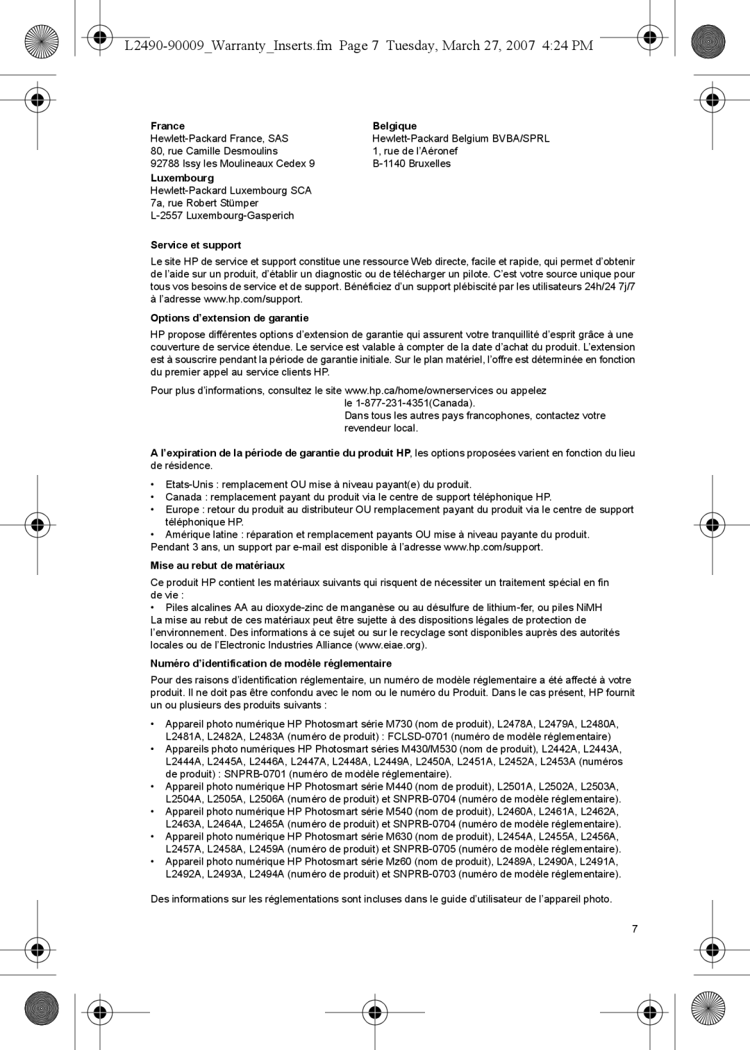 HP M737 manual France Belgique, Luxembourg, Service et support, Options d’extension de garantie, Mise au rebut de matériaux 