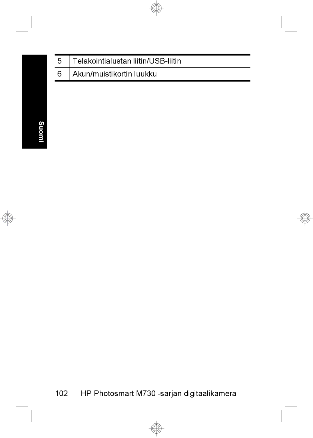 HP M737 manual Telakointialustan liitin/USB-liitin Akun/muistikortin luukku 