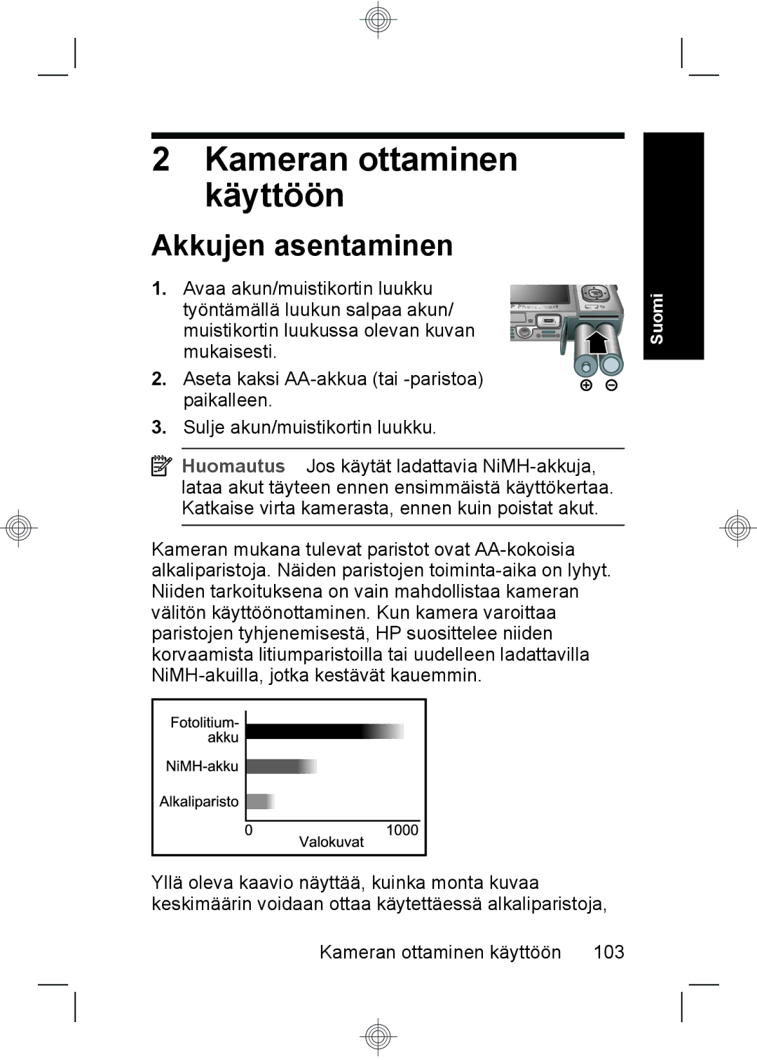 HP M737 manual Kameran ottaminen käyttöön, Akkujen asentaminen 