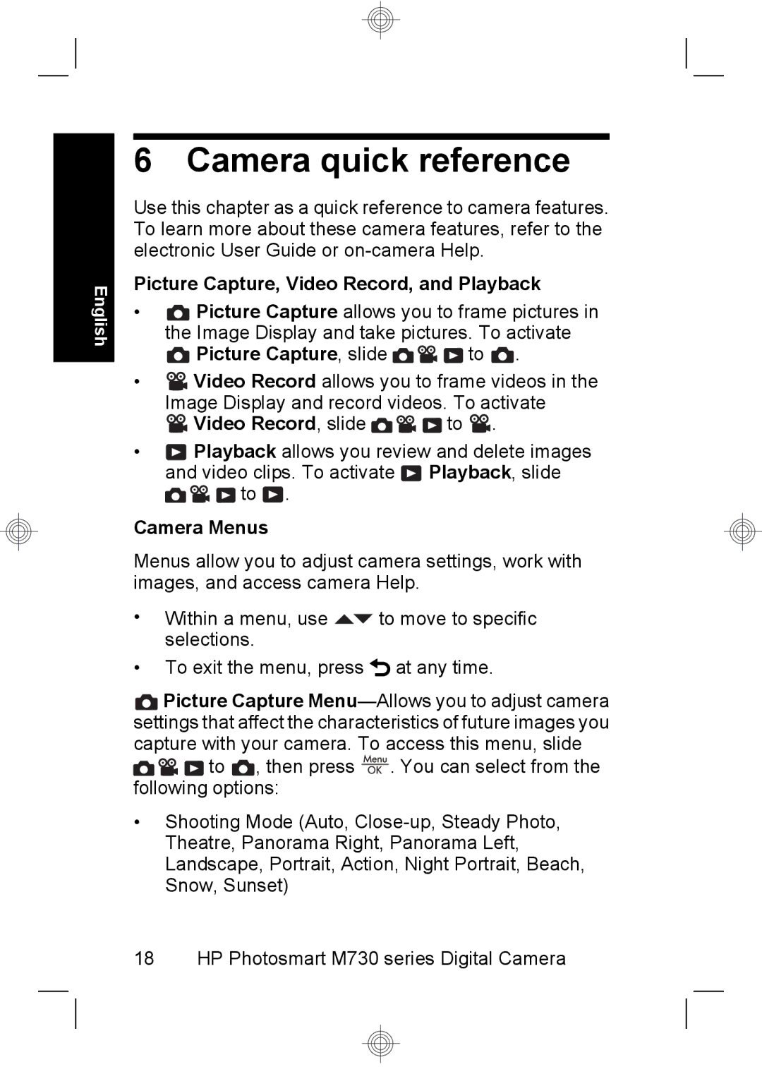 HP M737 Camera quick reference, Picture Capture, Video Record, and Playback, Picture Capture , slide, Video Record , slide 