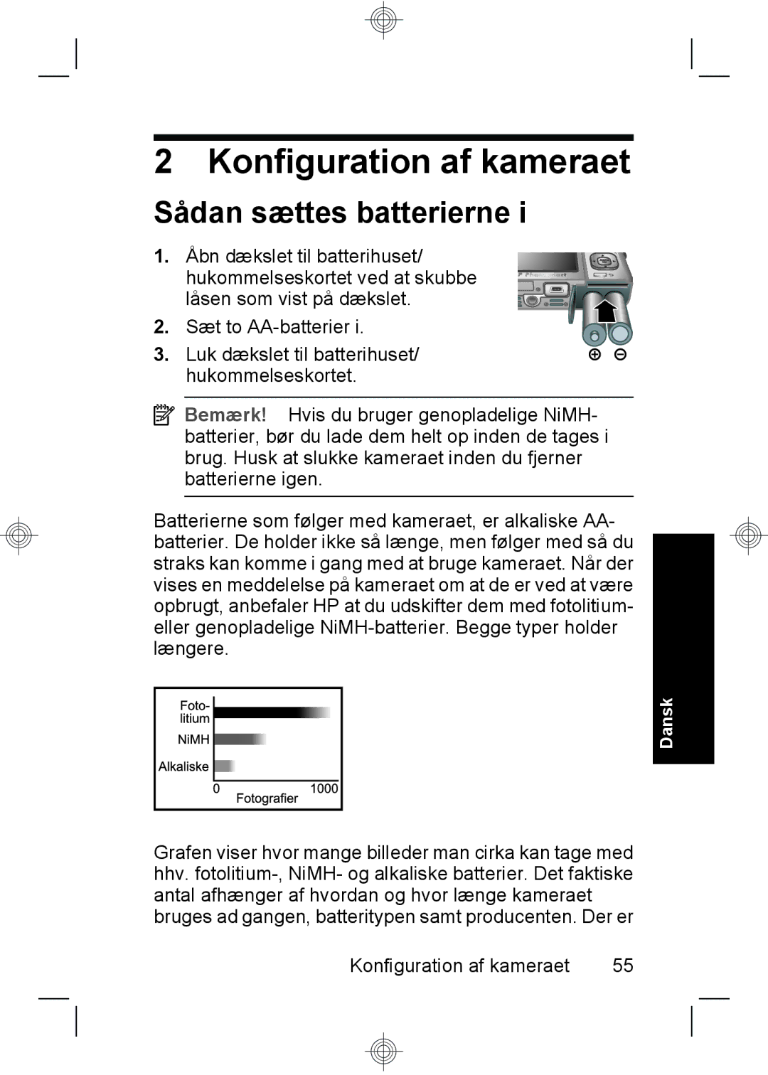 HP M737 manual Konfiguration af kameraet, Sådan sættes batterierne 