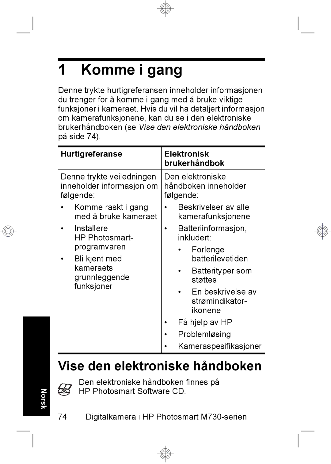 HP M737 Komme i gang, Vise den elektroniske håndboken, Hurtigreferanse Elektronisk Brukerhåndbok, Håndboken inneholder 