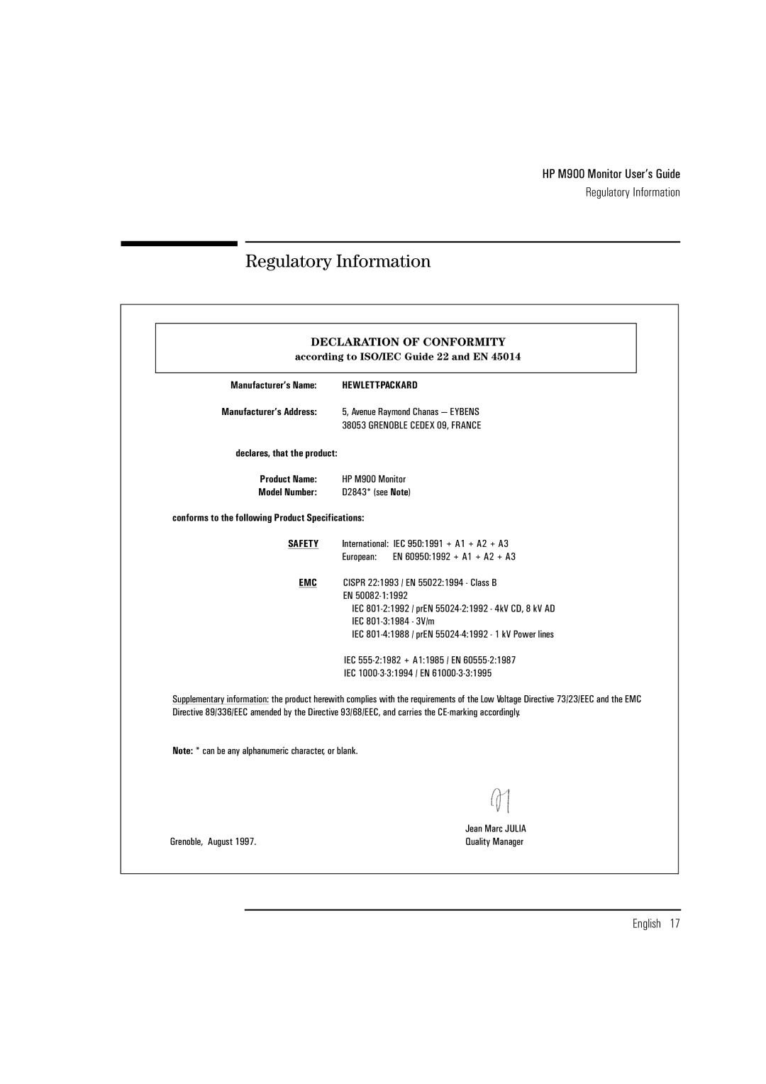 HP M900 manual Regulatory Information, Declaration of Conformity 