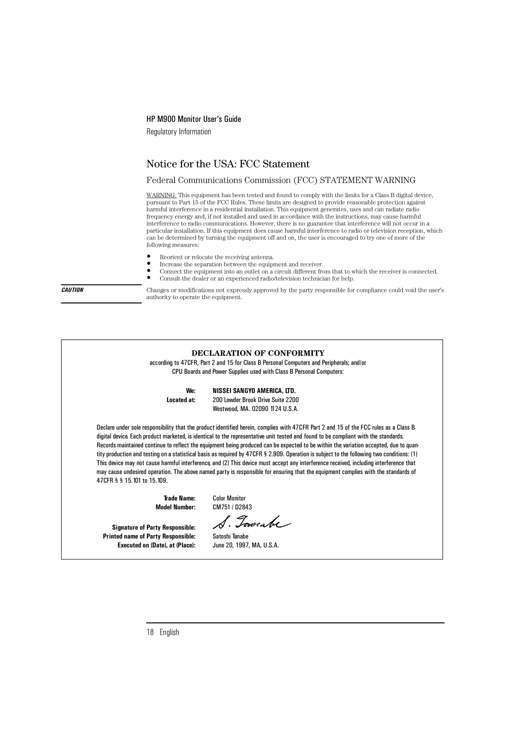 HP M900 manual Federal Communications Commission FCC Statement Warning 