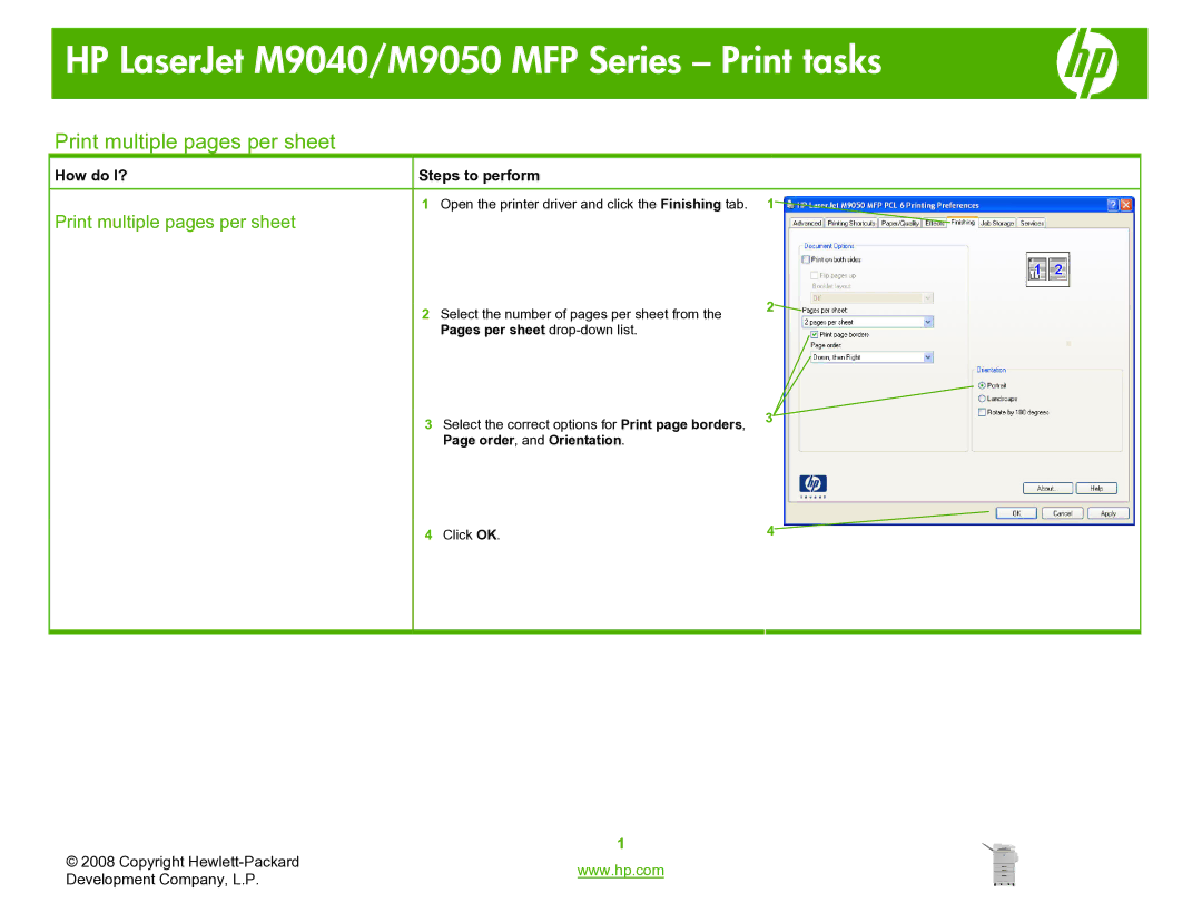 HP M9050, M9040 manual Print multiple pages per sheet 