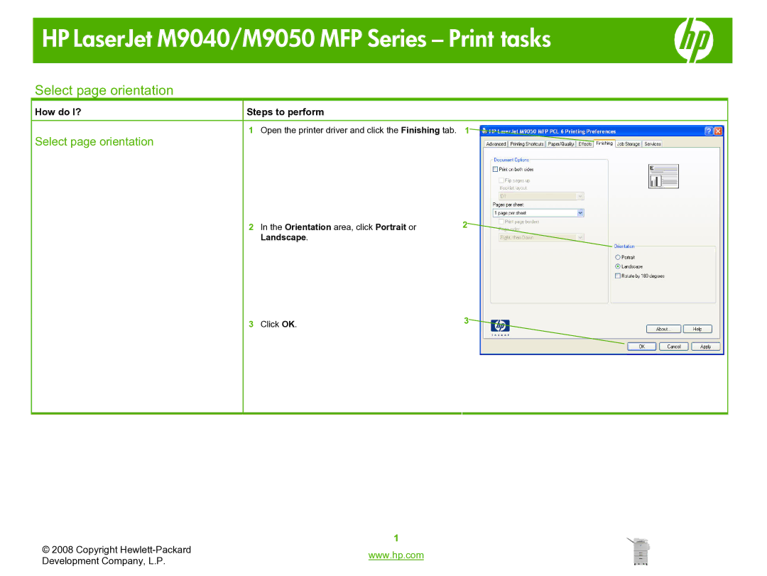 HP M9040, M9050 manual Select page orientation 