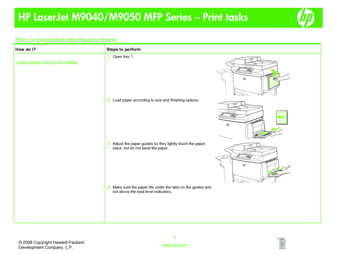 HP M9050, M9040 manual Print on preprinted letterhead or forms, Load paper and print media 