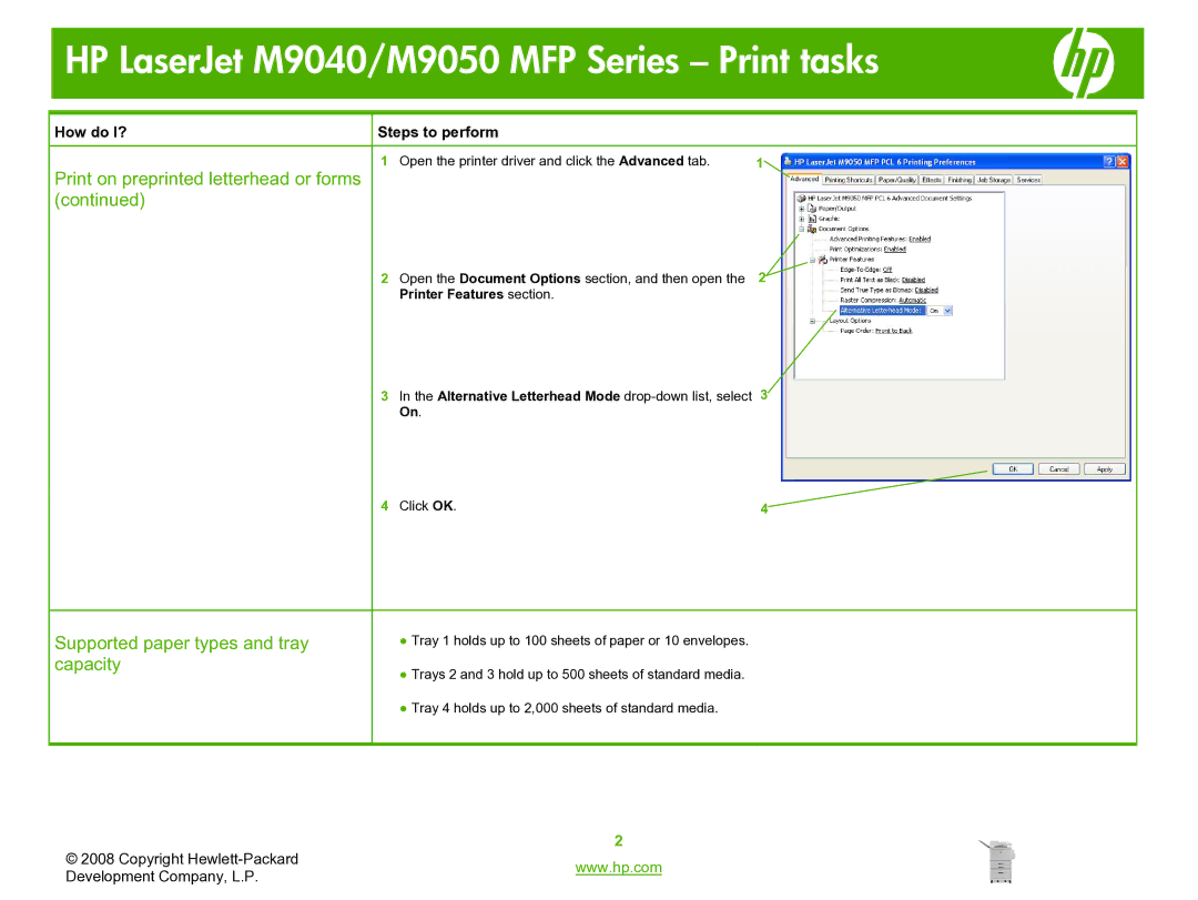 HP M9040, M9050 manual Print on preprinted letterhead or forms, Supported paper types and tray, Capacity 