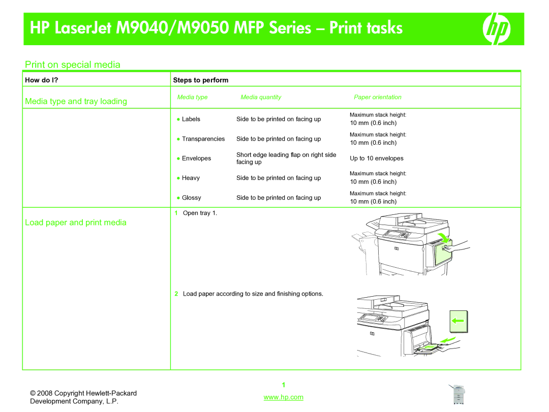 HP M9050, M9040 manual Print on special media, Media type and tray loading, Load paper and print media 