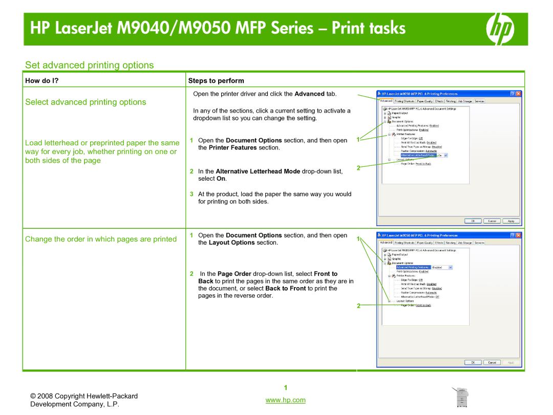 HP M9040, M9050 manual Set advanced printing options, Select advanced printing options 