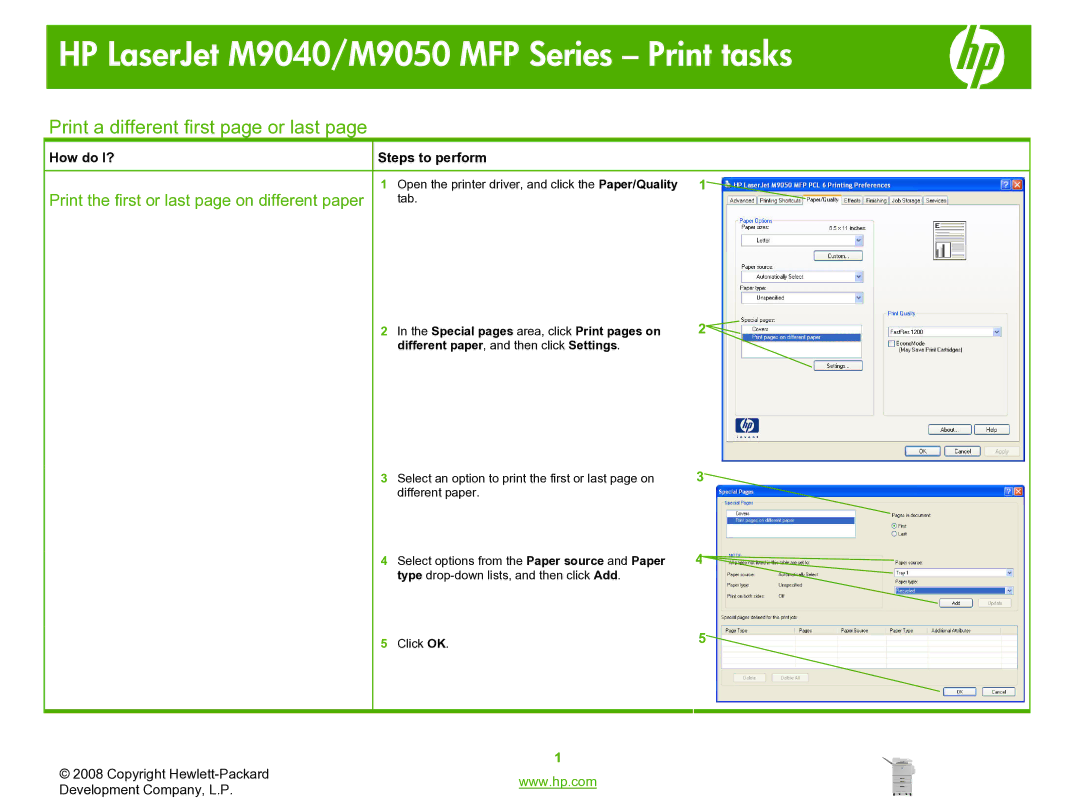 HP M9040, M9050 manual Print a different first page or last, Print the first or last page on different paper 