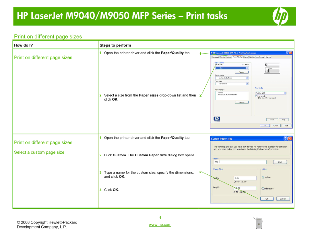 HP M9050, M9040 manual Print on different page sizes 