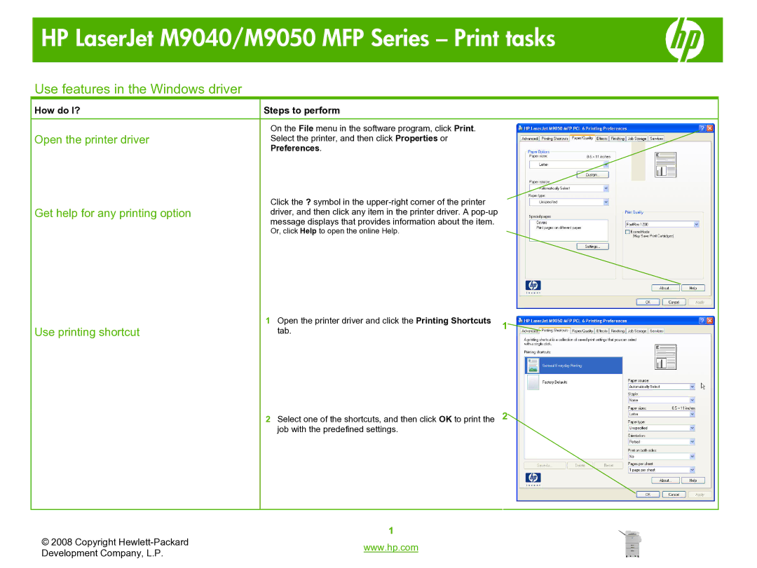 HP M9040, M9050 manual Use features in the Windows driver, Open the printer driver, Get help for any printing option 