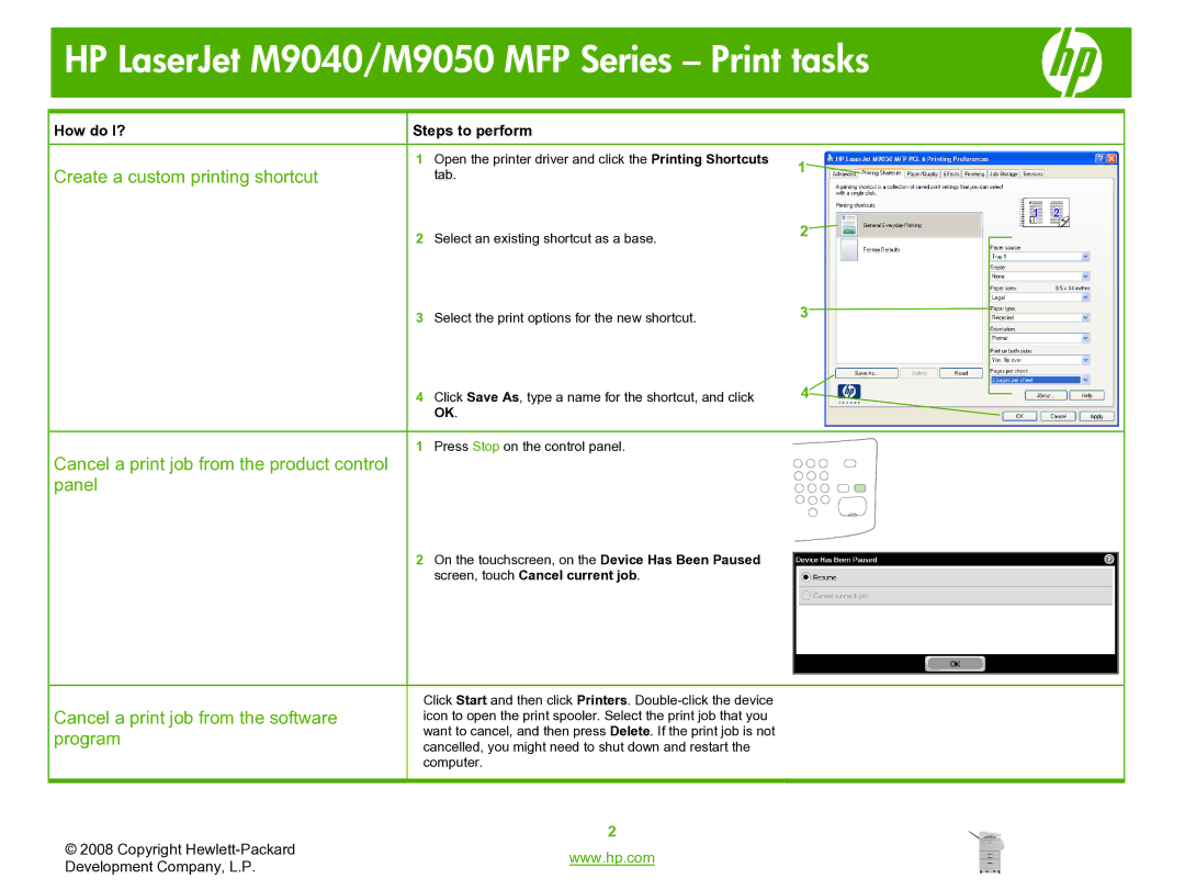 HP M9050, M9040 manual Create a custom printing shortcut, Cancel a print job from the product control panel 