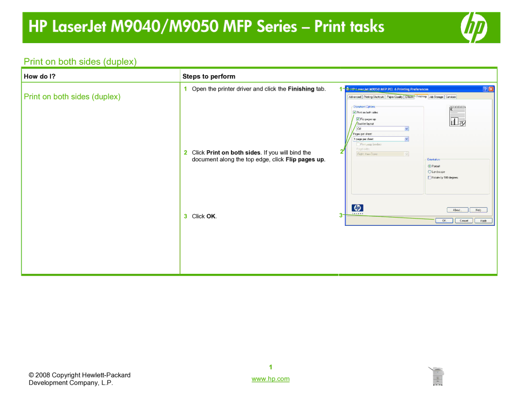 HP M9040, M9050 manual Print on both sides duplex 