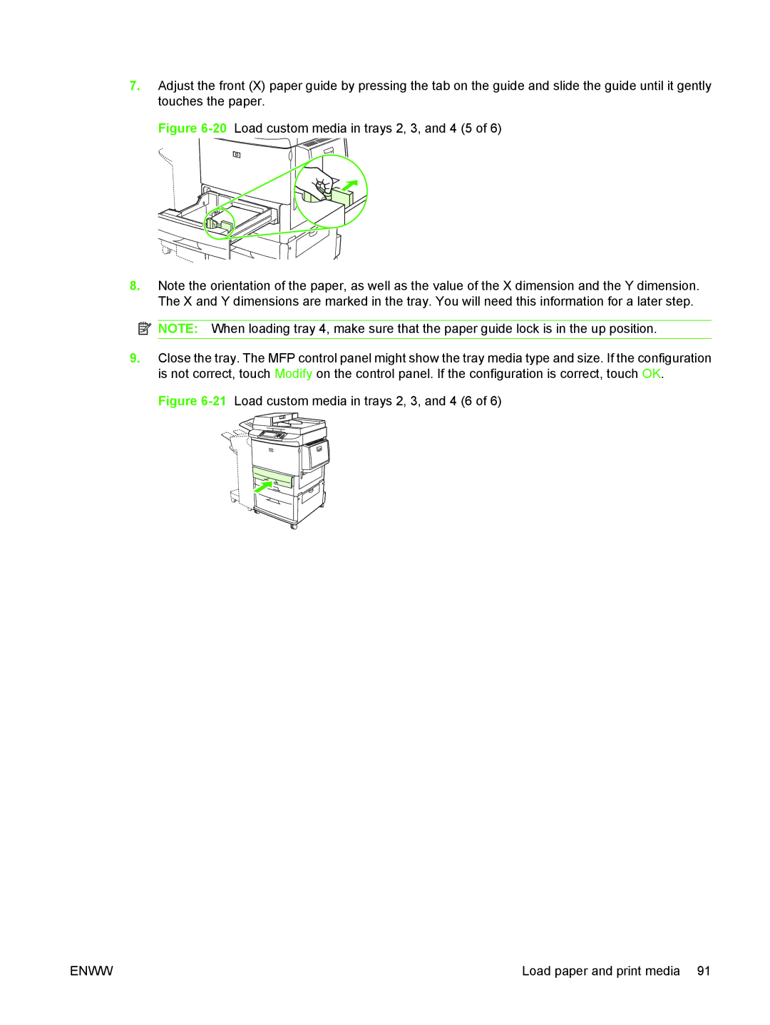 HP M9050 MFP manual 21Load custom media in trays 2, 3, and 4 6 