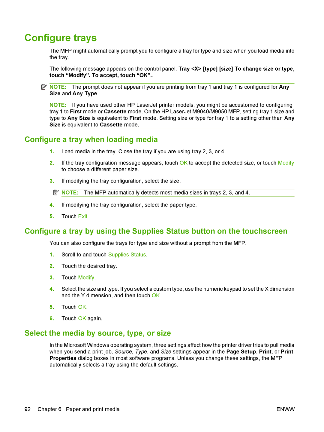 HP M9050 MFP manual Configure trays, Configure a tray when loading media, Select the media by source, type, or size 