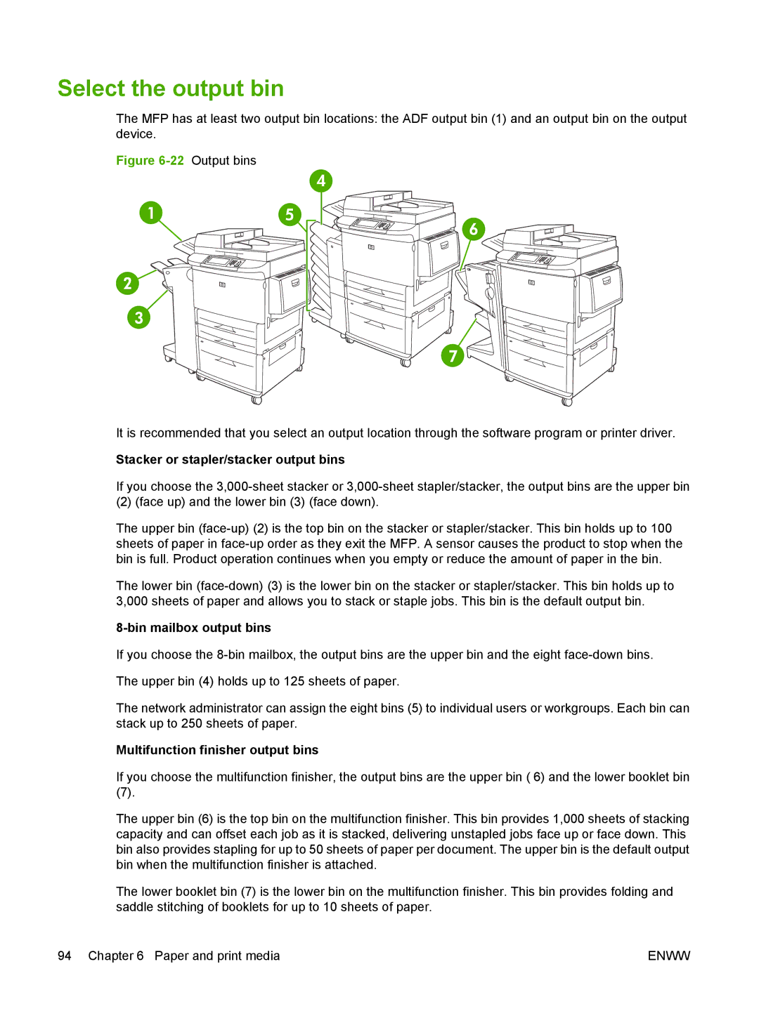 HP M9050 MFP manual Select the output bin, Stacker or stapler/stacker output bins, Bin mailbox output bins 