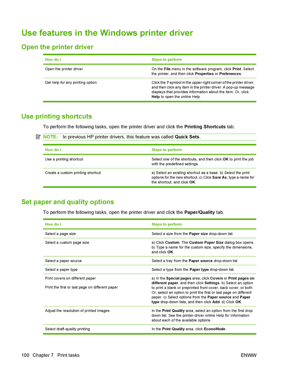 HP M9050 MFP manual Use features in the Windows printer driver, Open the printer driver, Use printing shortcuts 