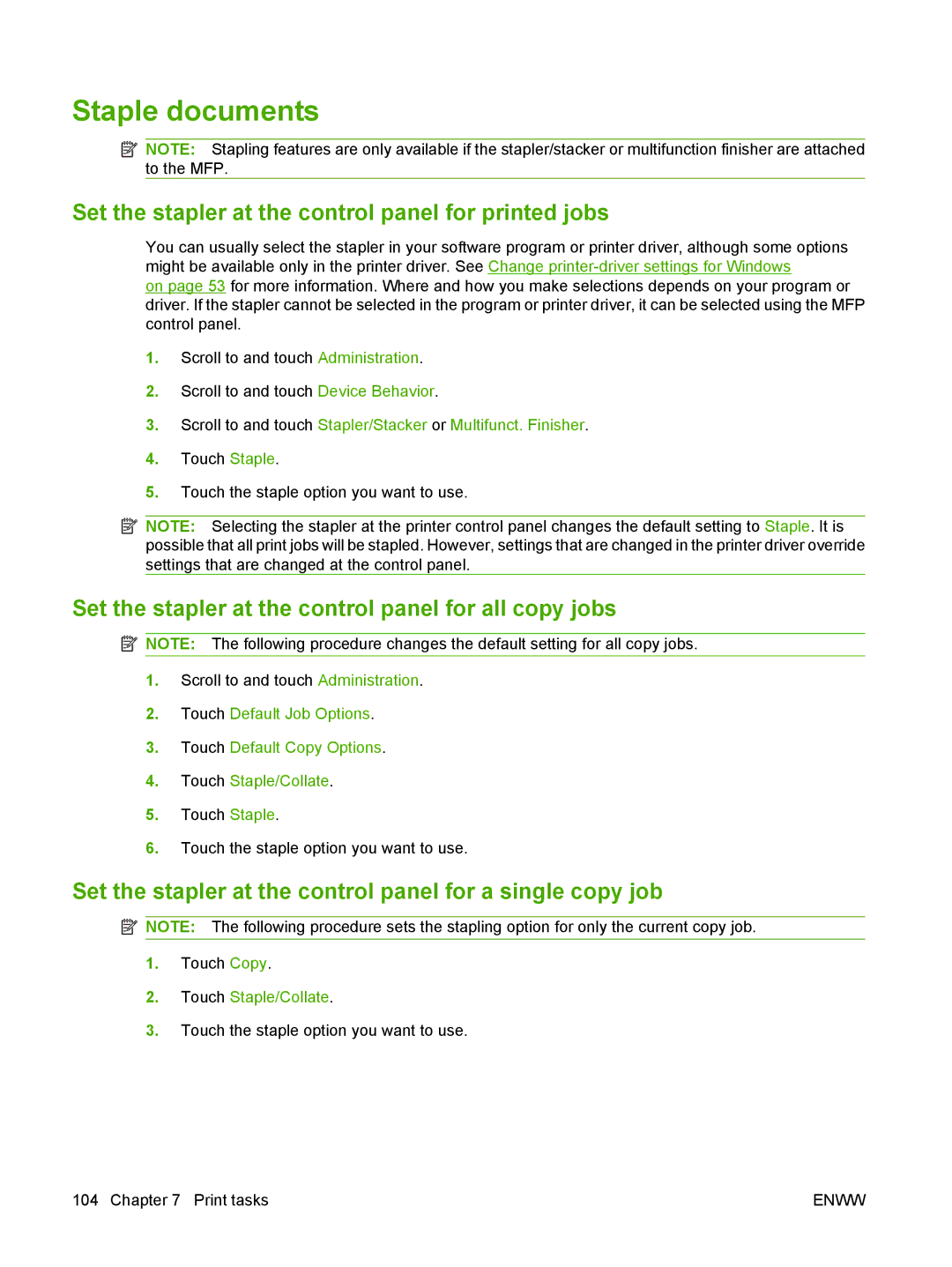 HP M9050 MFP manual Staple documents, Set the stapler at the control panel for printed jobs 