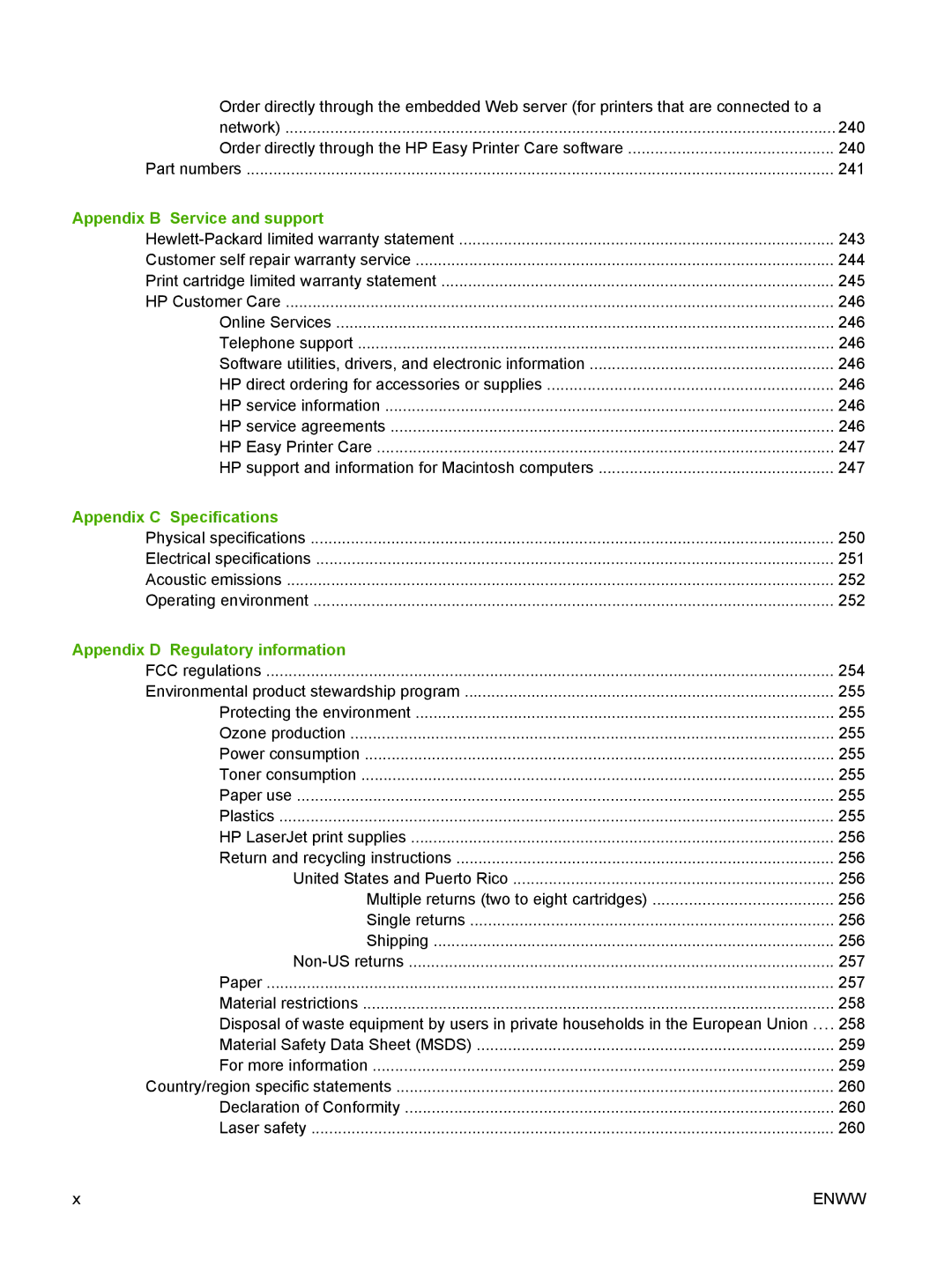 HP M9050 MFP manual Appendix B Service and support, Appendix C Specifications, Appendix D Regulatory information 