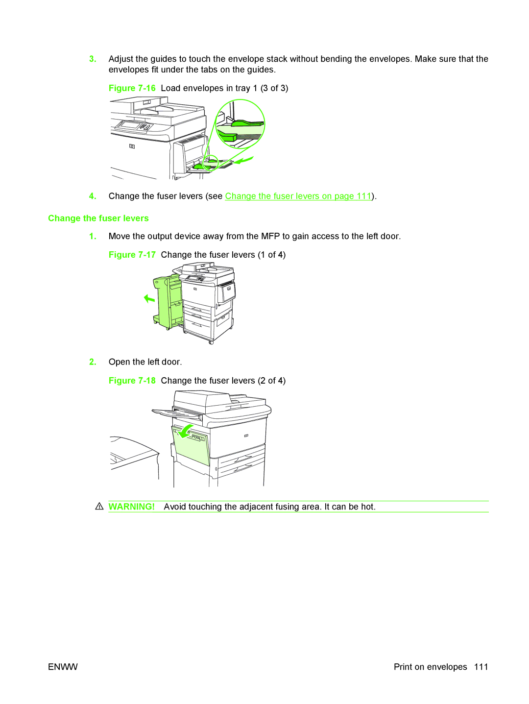 HP M9050 MFP manual 16Load envelopes in tray 1 3, Change the fuser levers 