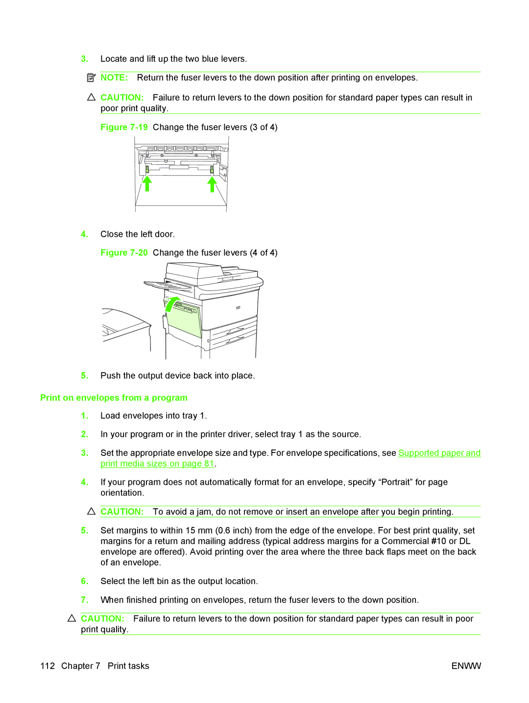 HP M9050 MFP manual 19Change the fuser levers 3 Close the left door, Print on envelopes from a program 