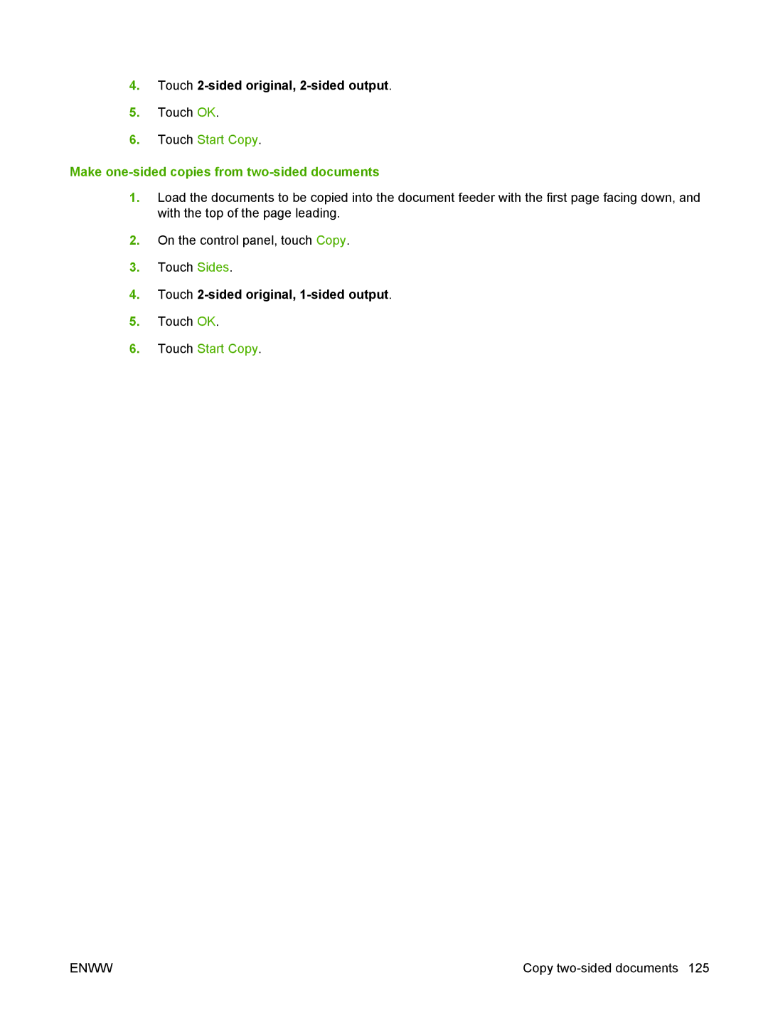 HP M9050 MFP manual Touch 2-sided original, 2-sided output, Make one-sided copies from two-sided documents 