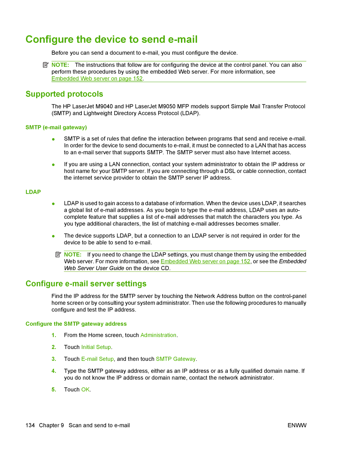 HP M9050 MFP manual Configure the device to send e-mail, Supported protocols, Configure e-mail server settings 