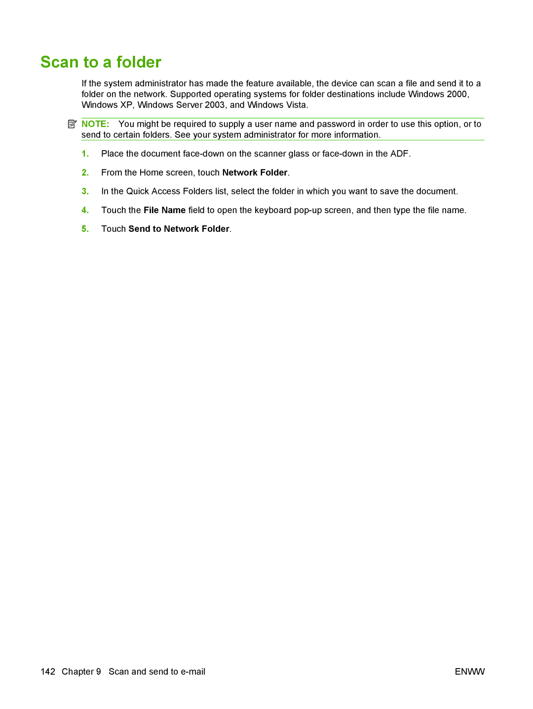 HP M9050 MFP manual Scan to a folder, Touch Send to Network Folder 