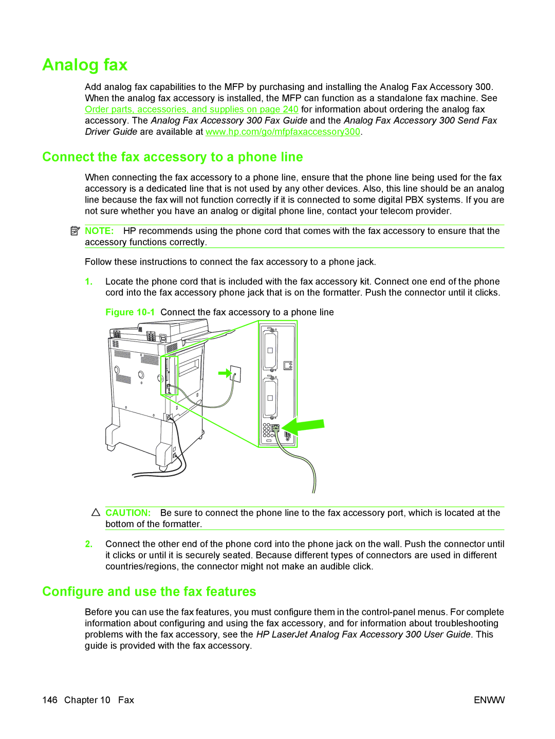 HP M9050 MFP manual Analog fax, Connect the fax accessory to a phone line, Configure and use the fax features 