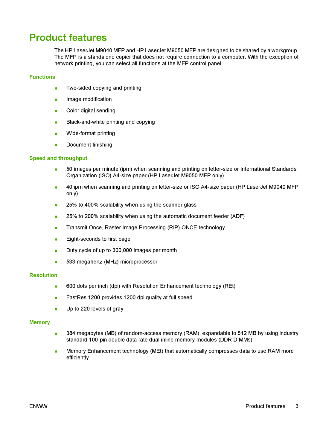 HP M9050 MFP manual Product features, Functions, Speed and throughput, Resolution, Memory 