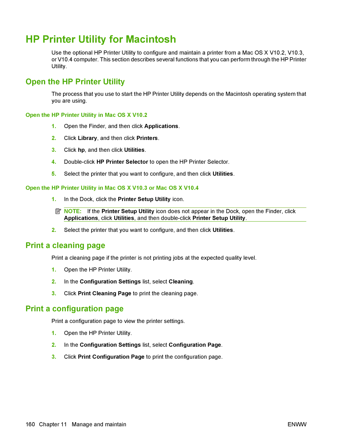 HP M9050 MFP manual HP Printer Utility for Macintosh, Open the HP Printer Utility, Print a cleaning, Print a configuration 