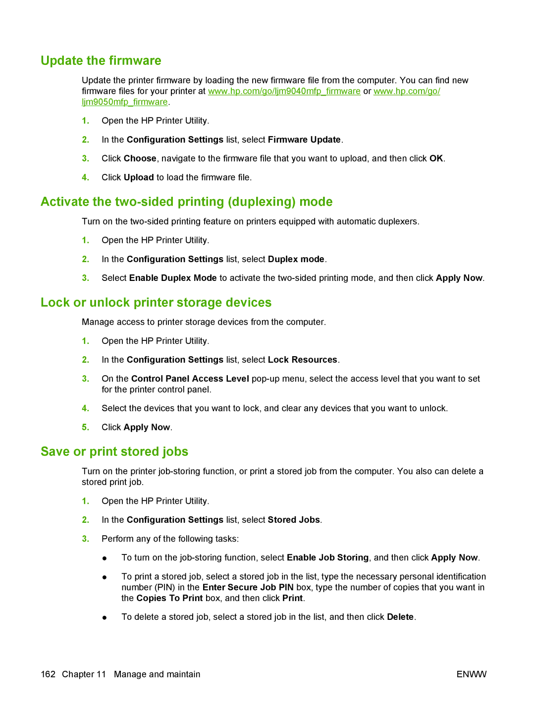 HP M9050 MFP Update the firmware, Activate the two-sided printing duplexing mode, Lock or unlock printer storage devices 