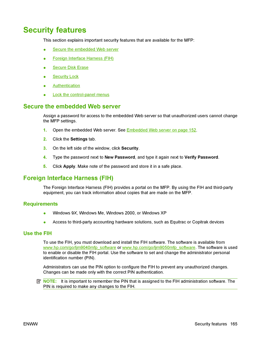 HP M9050 MFP Security features, Secure the embedded Web server, Foreign Interface Harness FIH, Requirements, Use the FIH 