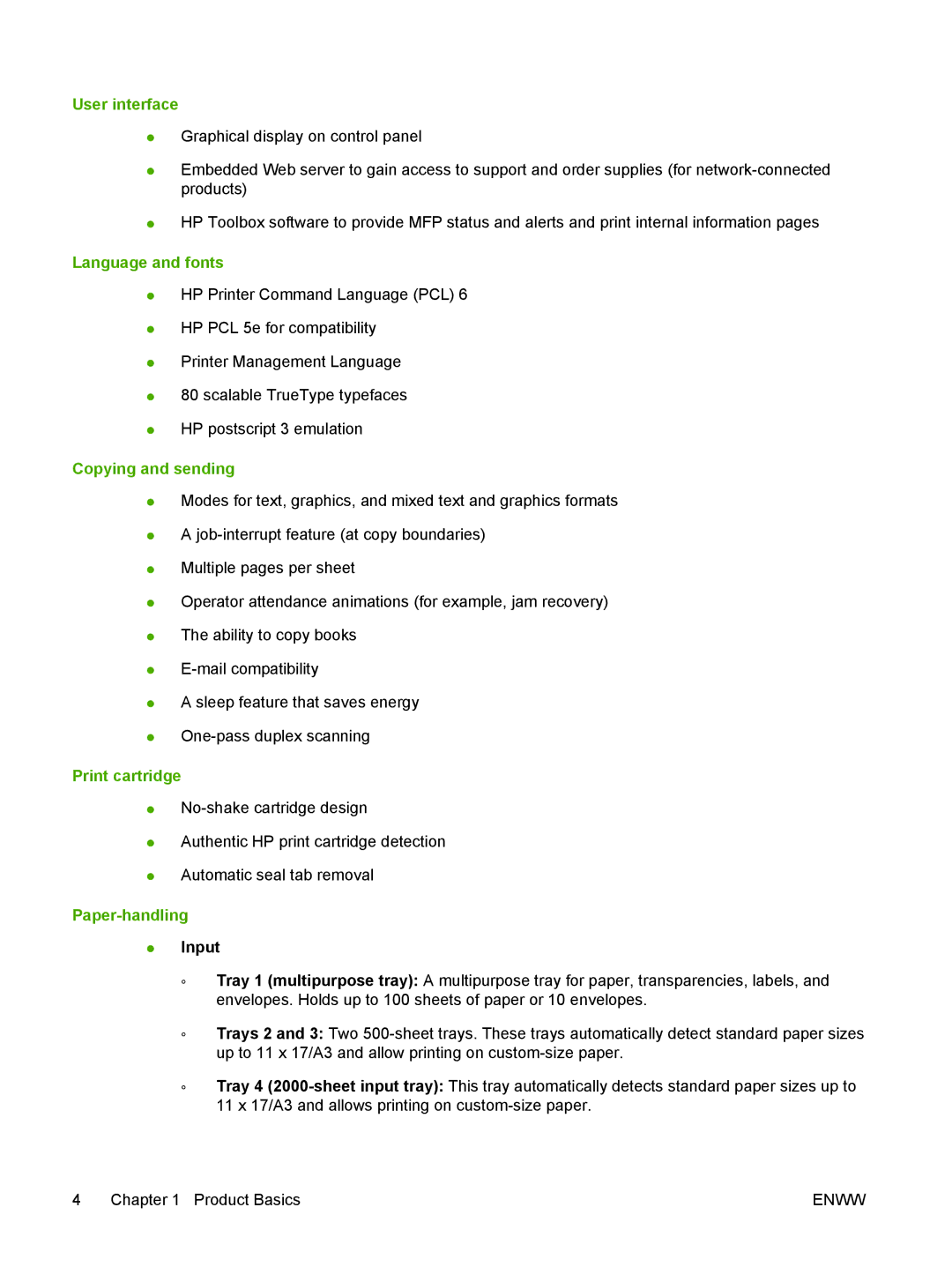 HP M9050 MFP manual User interface, Language and fonts, Copying and sending, Print cartridge, Paper-handling 