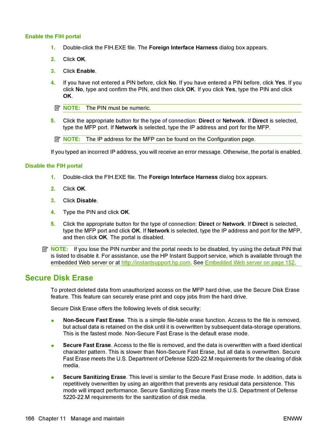 HP M9050 MFP manual Secure Disk Erase, Enable the FIH portal, Disable the FIH portal 