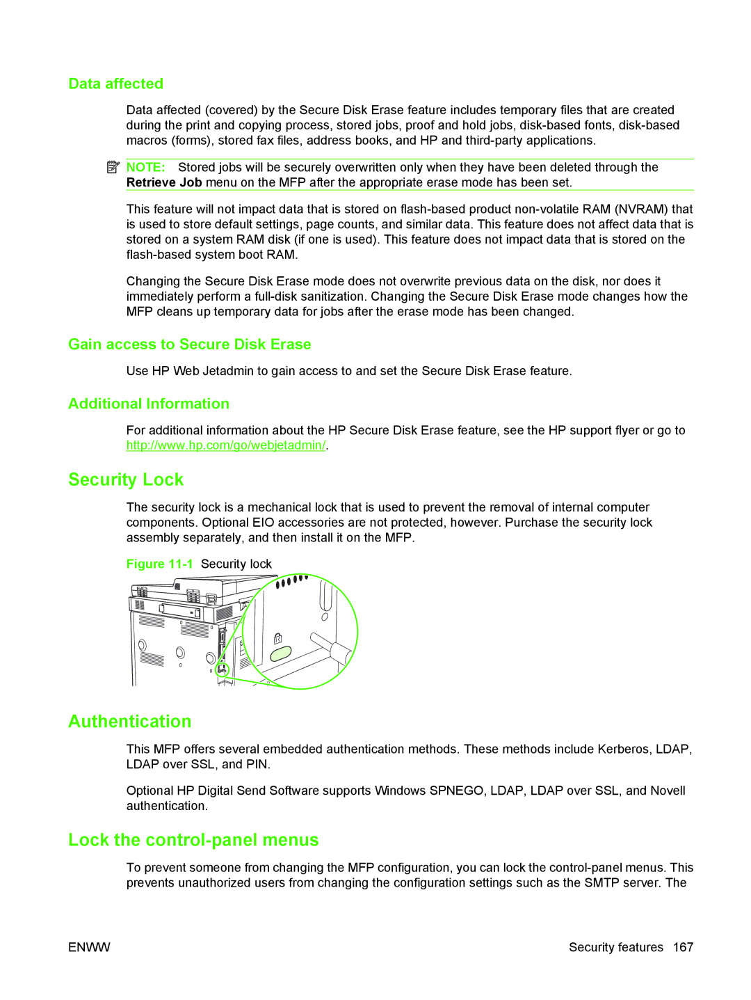 HP M9050 MFP manual Security Lock, Authentication, Lock the control-panel menus 