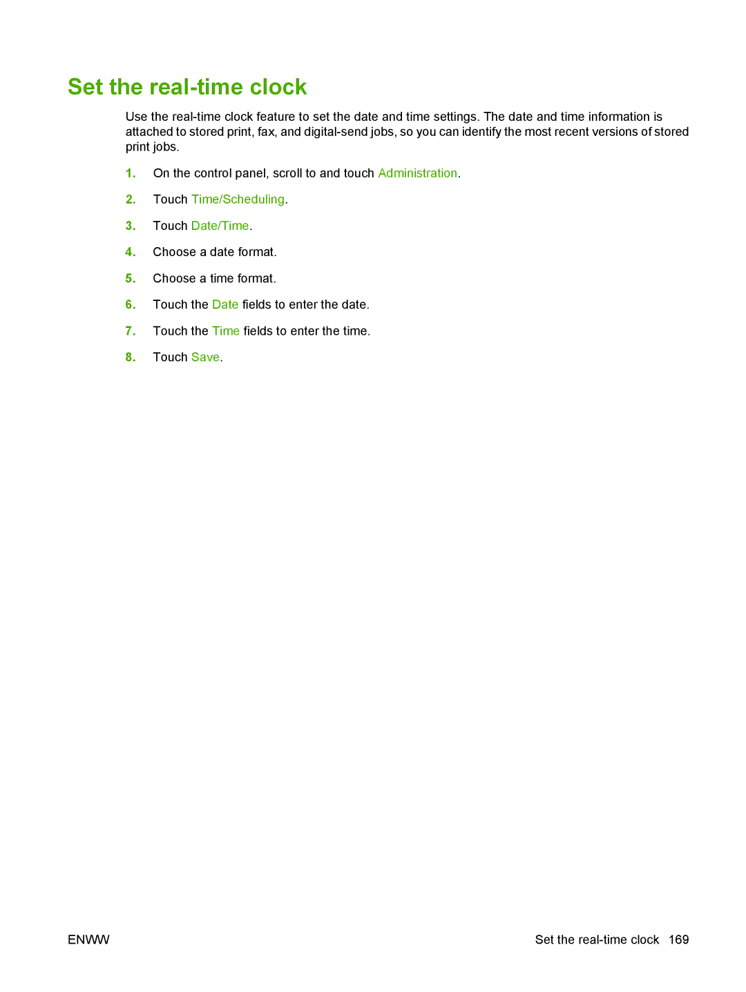 HP M9050 MFP manual Set the real-time clock, Touch Time/Scheduling Touch Date/Time 