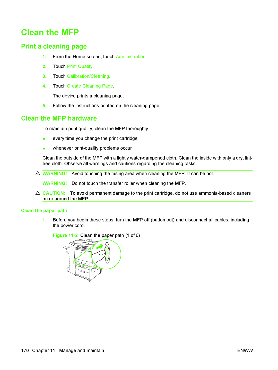 HP M9050 MFP manual Clean the MFP hardware, Clean the paper path 