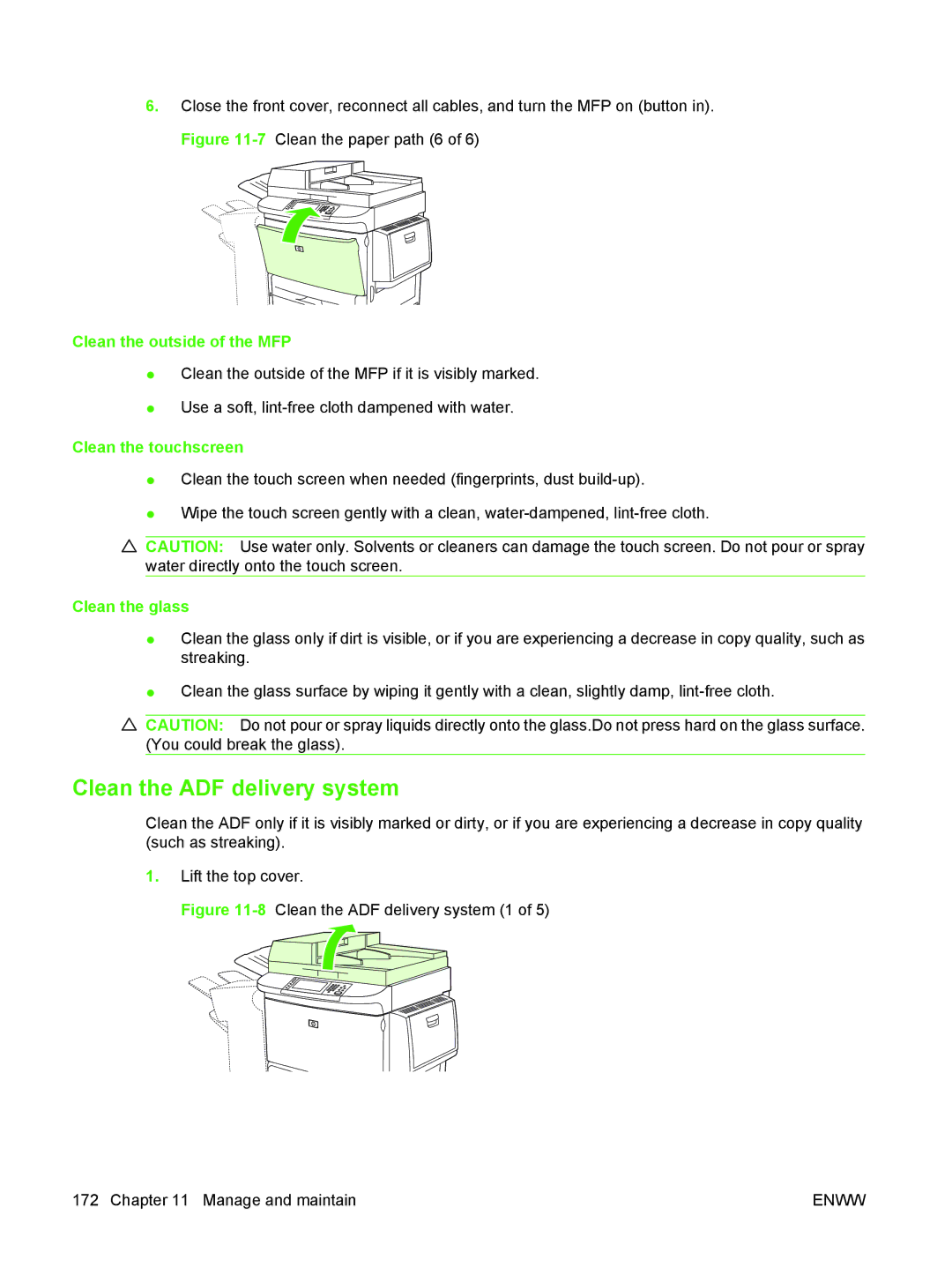 HP M9050 MFP manual Clean the ADF delivery system, Clean the outside of the MFP, Clean the touchscreen, Clean the glass 