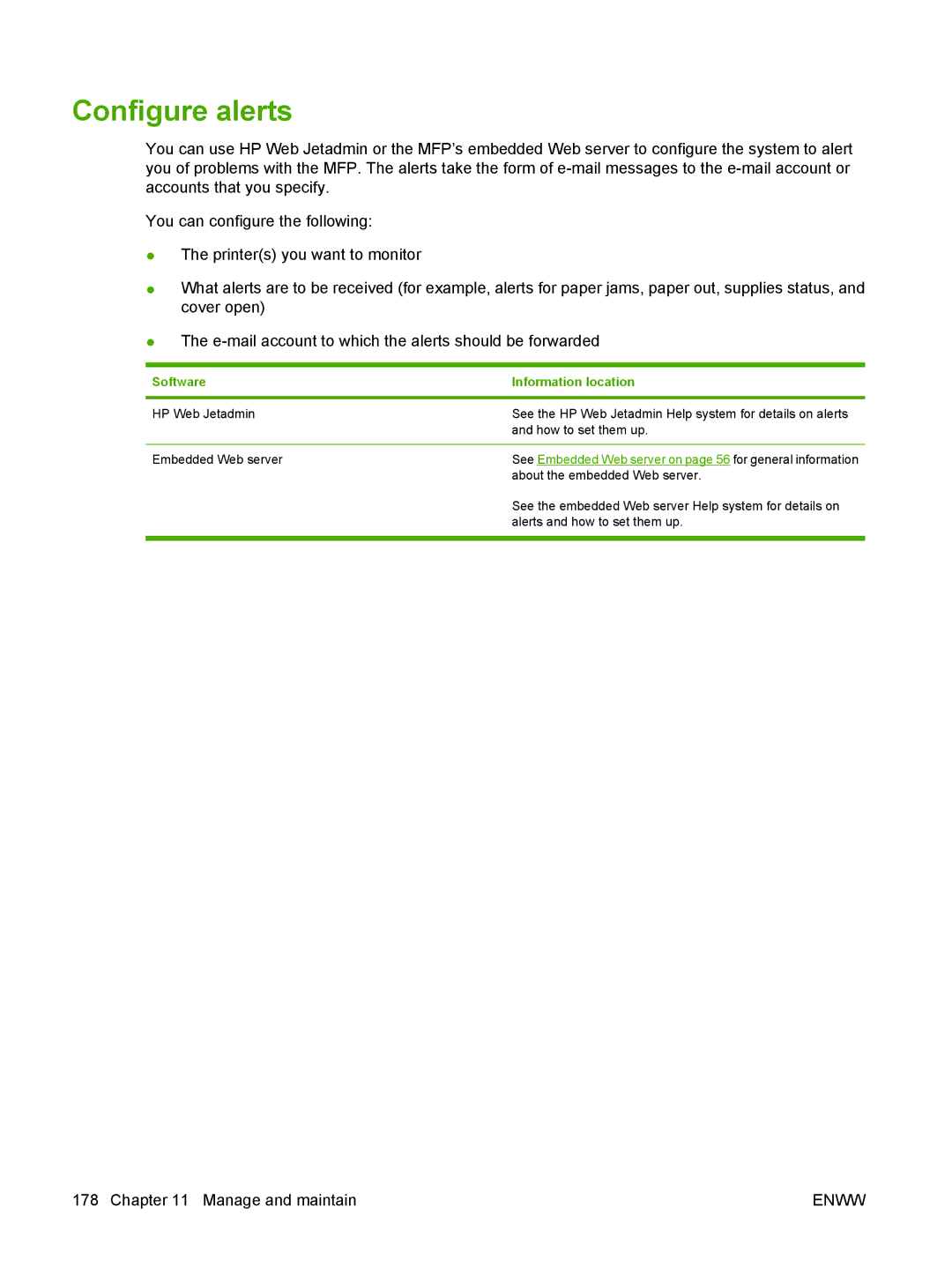 HP M9050 MFP Configure alerts, Software Information location, About the embedded Web server, Alerts and how to set them up 