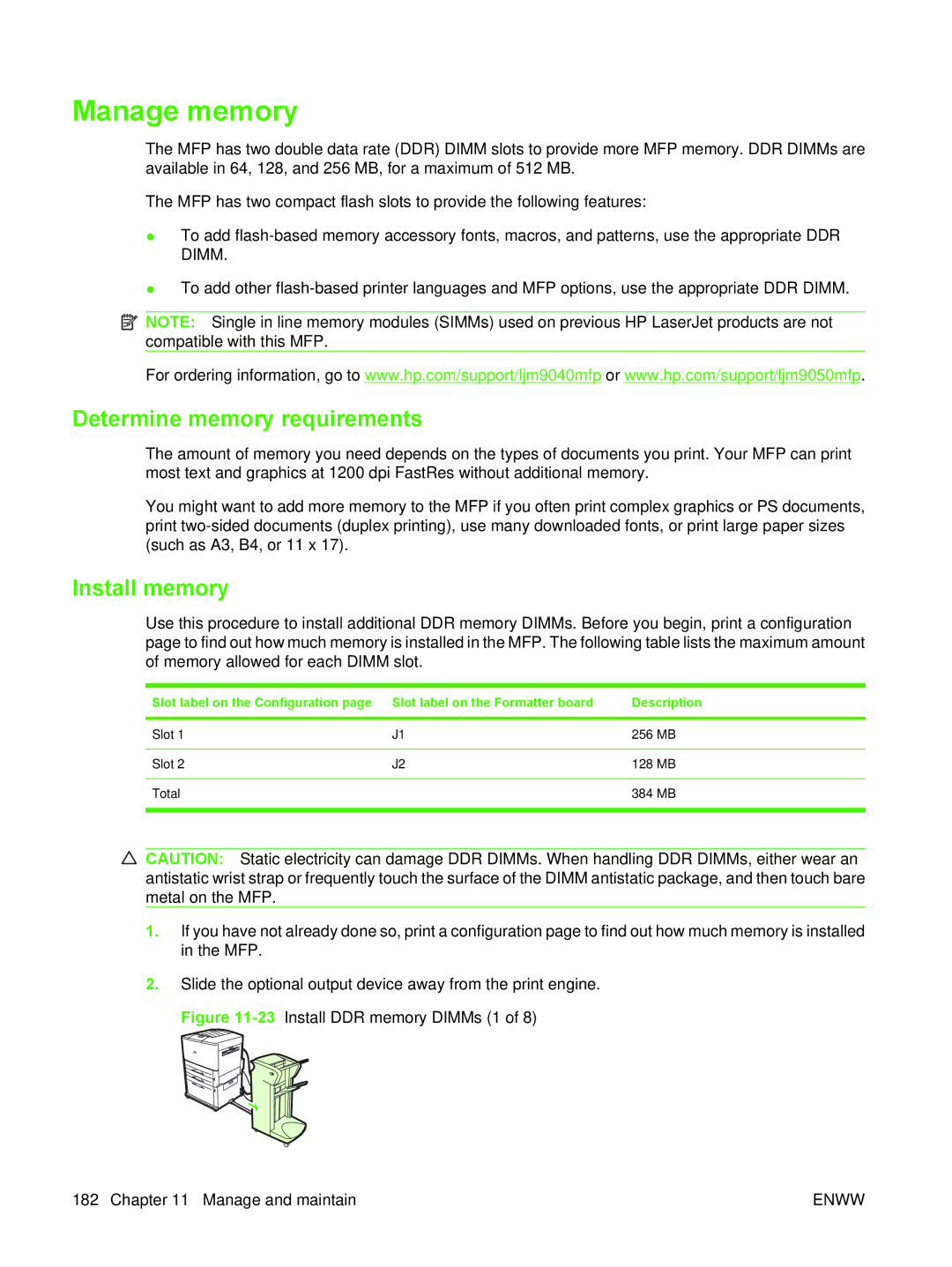 HP M9050 MFP manual Manage memory, Determine memory requirements, Install memory, Slot 256 MB 128 MB Total 384 MB 