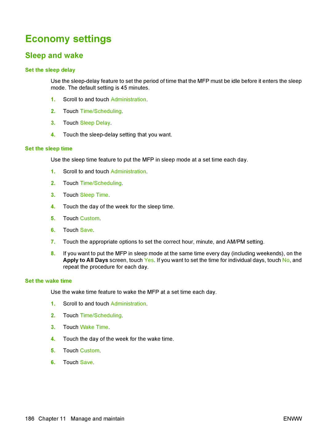 HP M9050 MFP manual Economy settings, Sleep and wake, Set the sleep delay, Set the sleep time, Set the wake time 