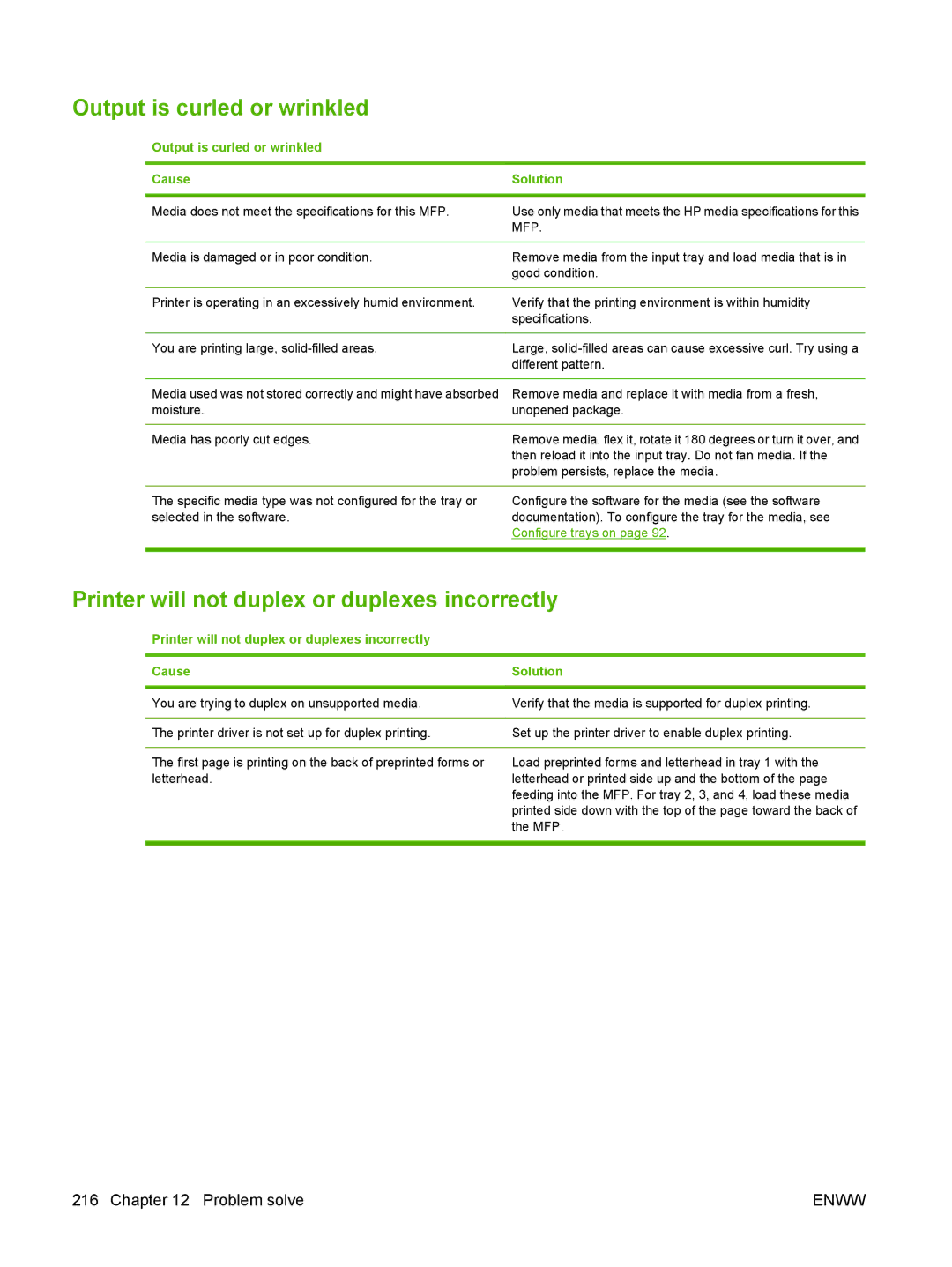 HP M9050 MFP manual Output is curled or wrinkled, Printer will not duplex or duplexes incorrectly 