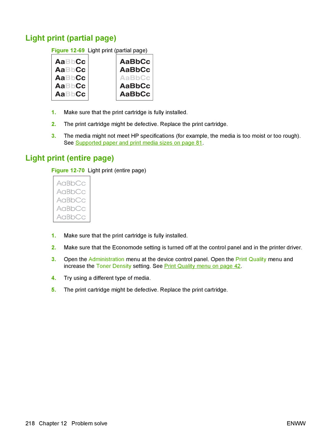 HP M9050 MFP manual Light print partial, Light print entire 