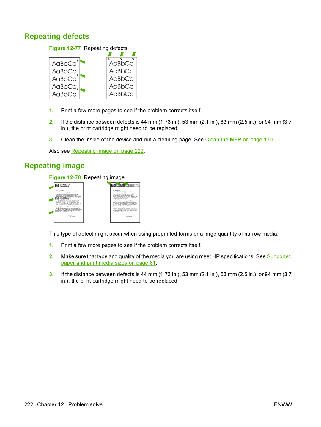 HP M9050 MFP manual Repeating defects, Repeating image 