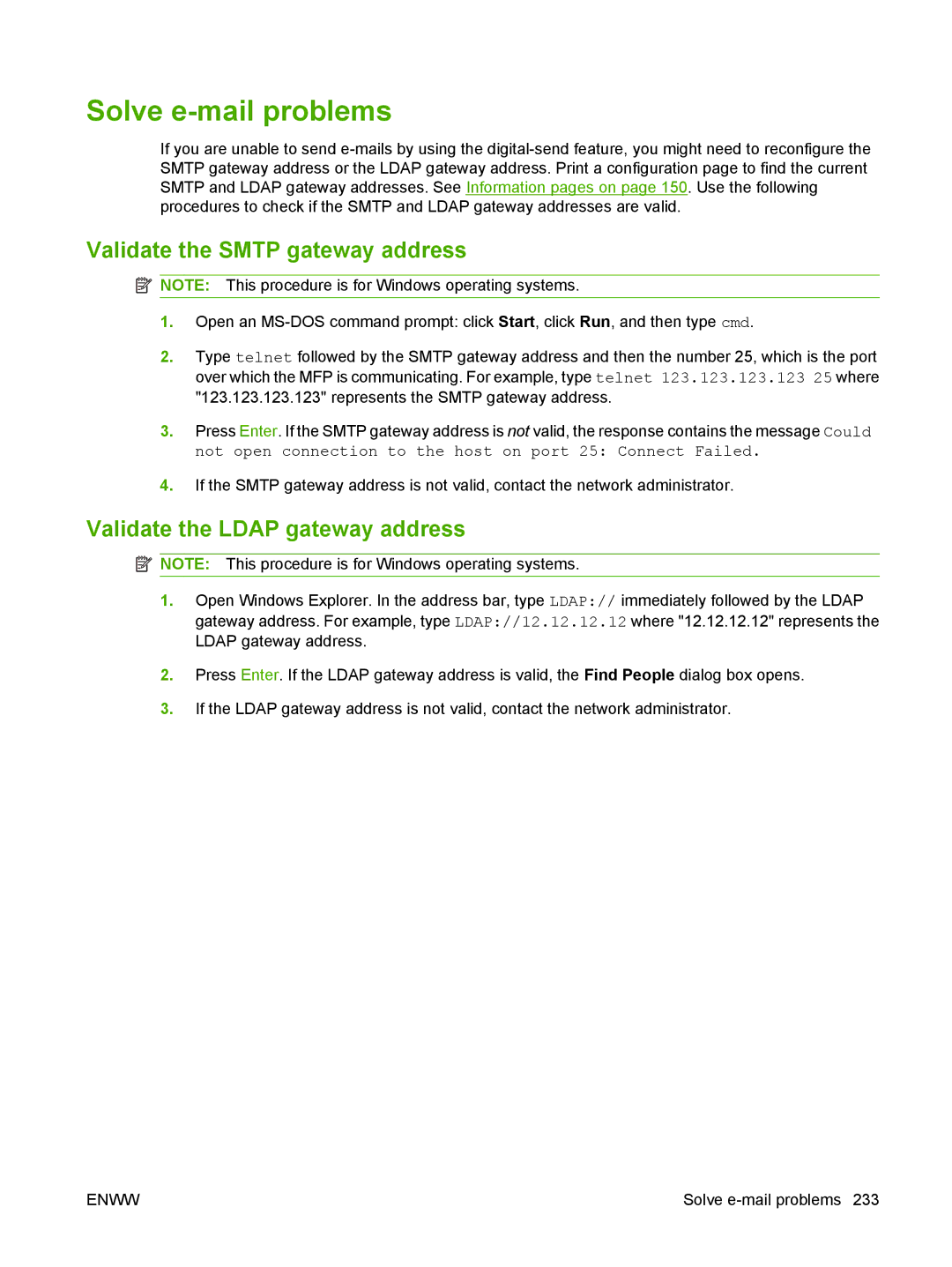 HP M9050 MFP manual Solve e-mail problems, Validate the Smtp gateway address, Validate the Ldap gateway address 