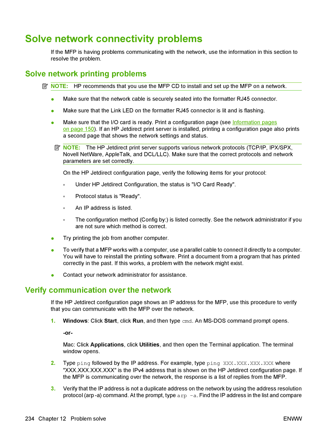 HP M9050 MFP Solve network connectivity problems, Solve network printing problems, Verify communication over the network 